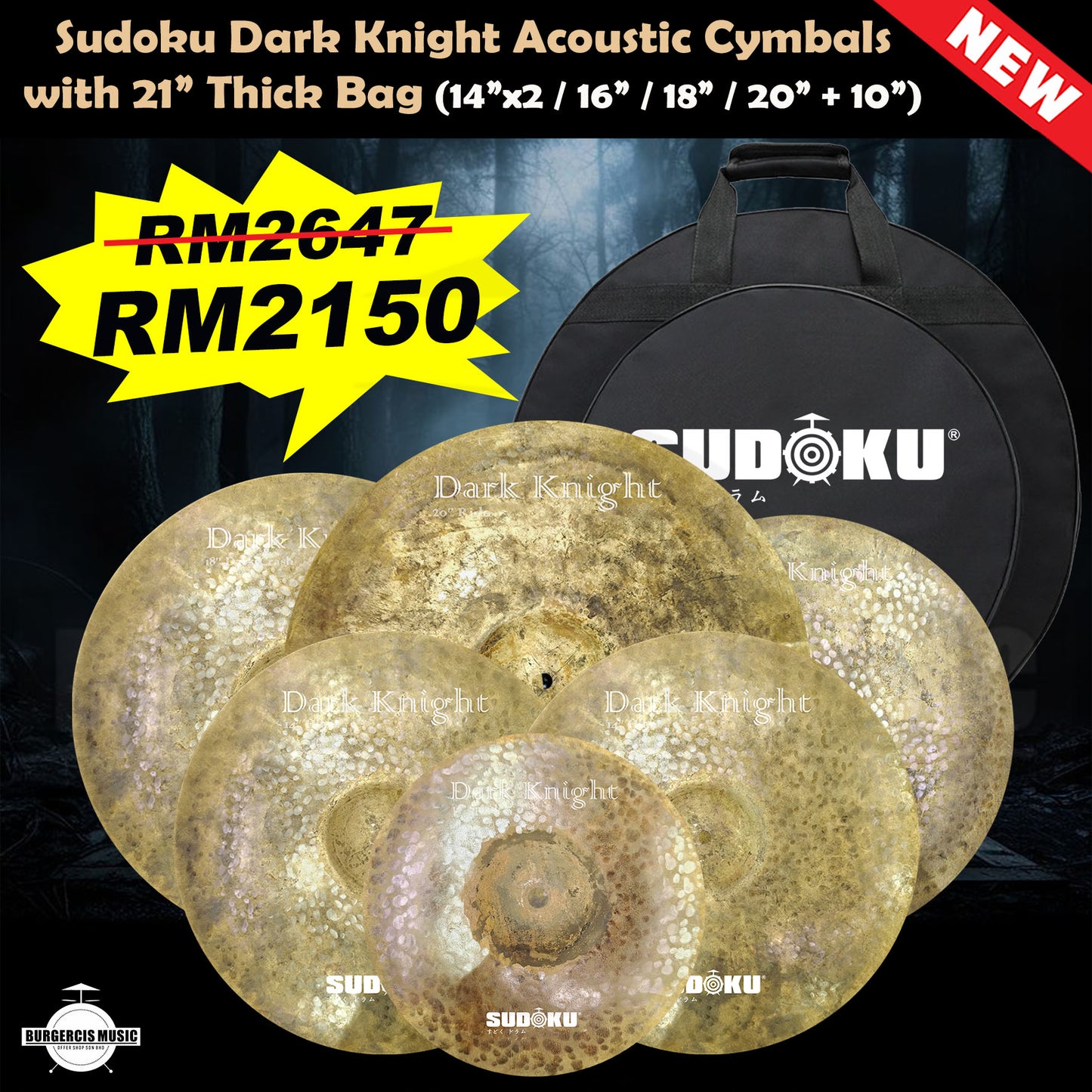 Sudoku Dark Knight Acoustic cymbal Set with 21" Thick Bag (acoustic drum cymbal)
