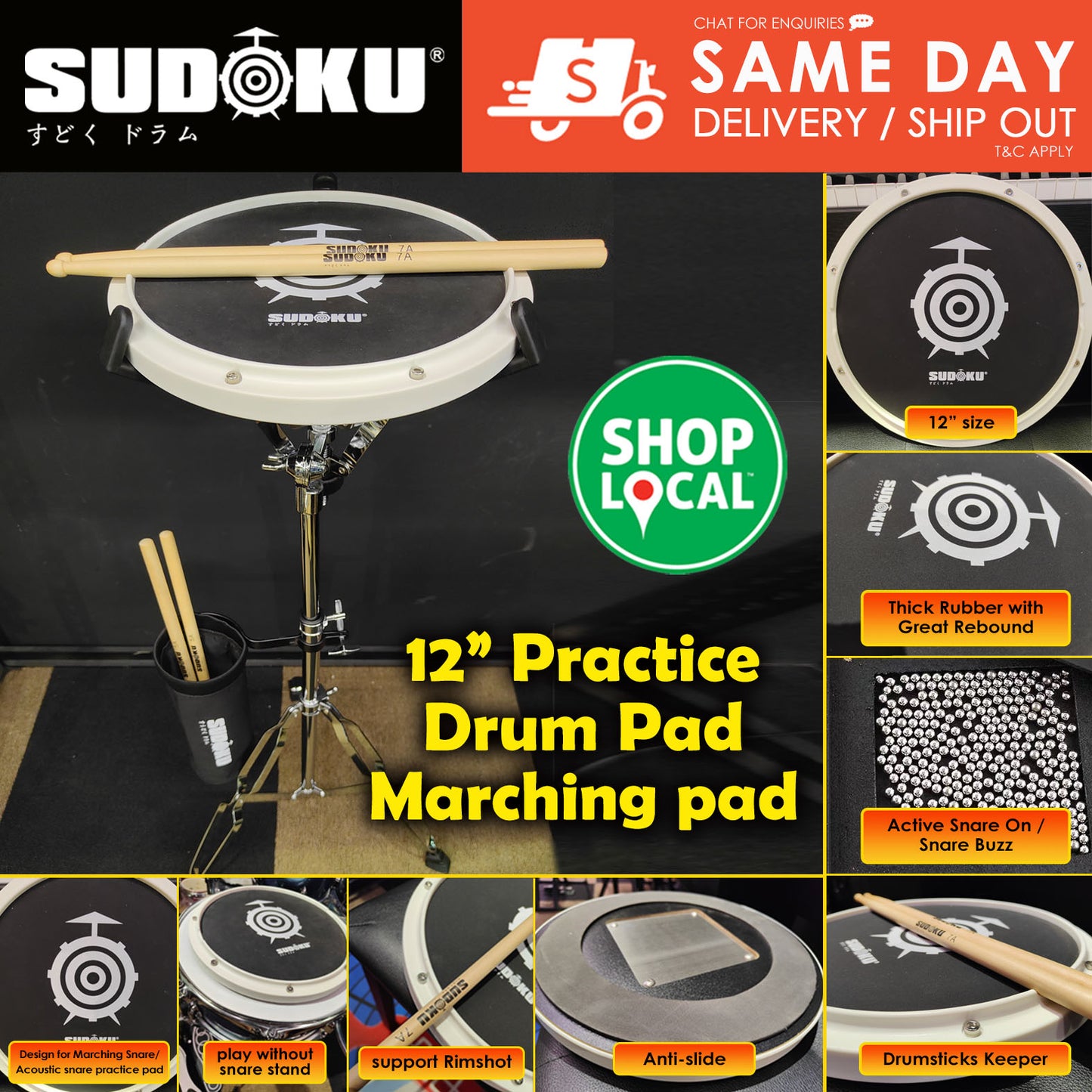 Sudoku 12" Practice Pad drum pad marching pad (Active Snare)