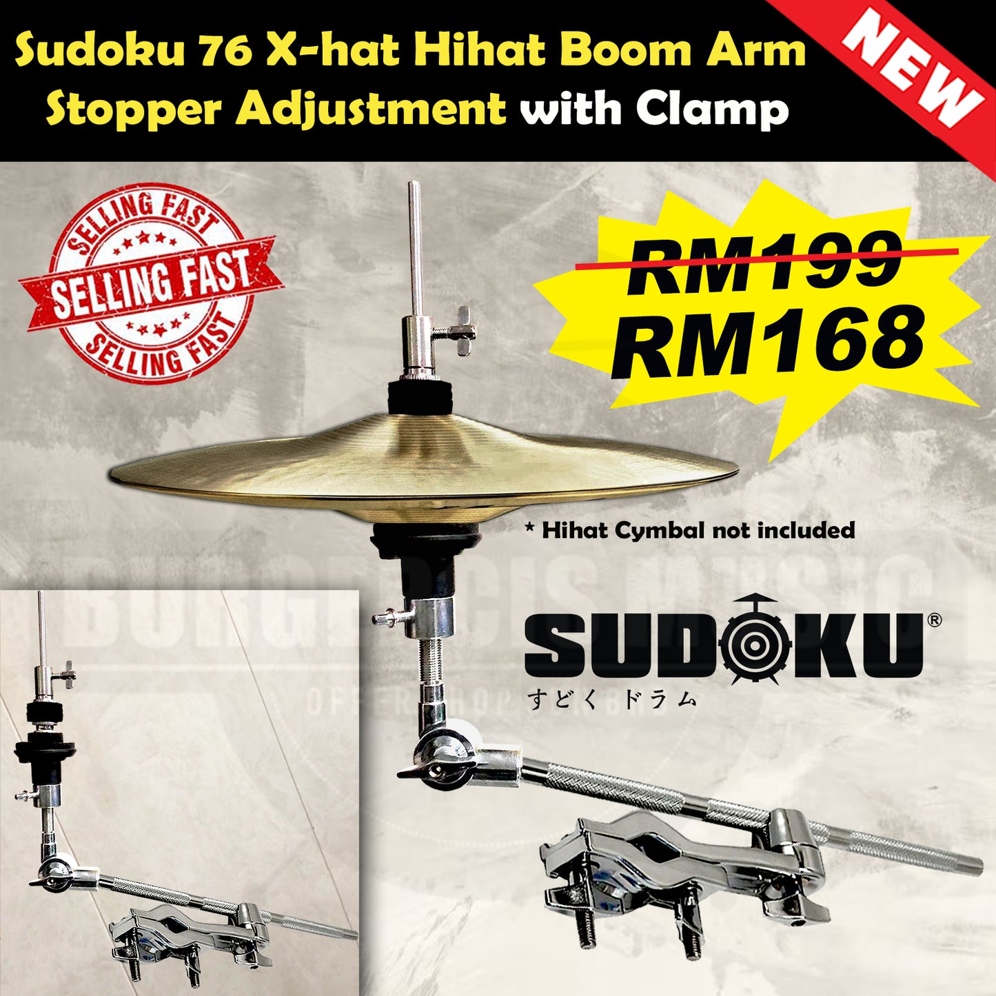 Sudoku cymbal x-hat auxiliary hihat arm with clamp stand (drum hardware)