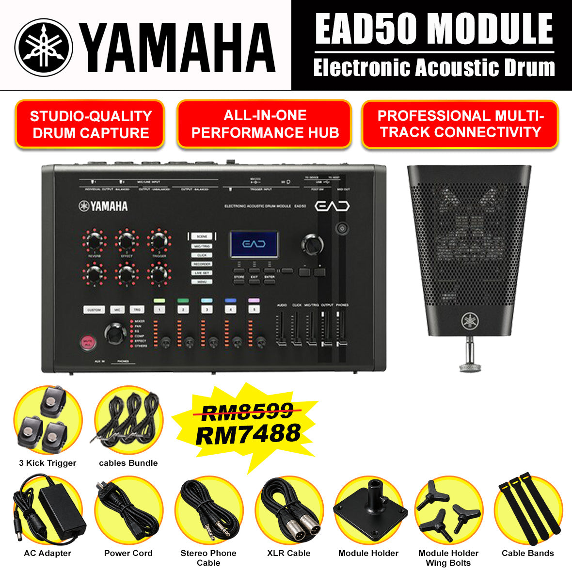 Yamaha EAD50 Drum Module with Mic trigger Pickup For Acoustic Drum Microphone System with Electronic Module (EAD 50)