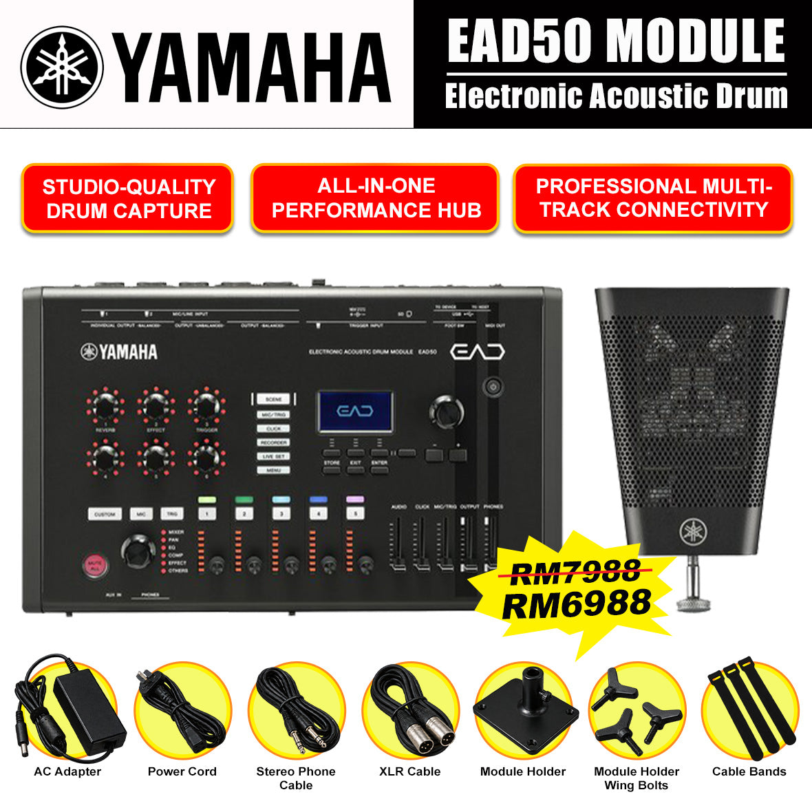 Yamaha EAD50 Drum Module with Mic trigger Pickup For Acoustic Drum Microphone System with Electronic Module (EAD 50)