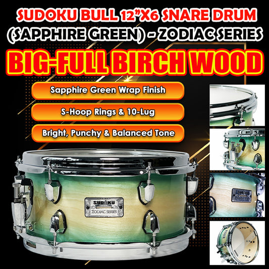 Sudoku Bull 12”x6 / 14”x6 Snare Drum (Sapphire Green / Rage Red)- Zodiac Series with Thick S Hoops / 10 lug