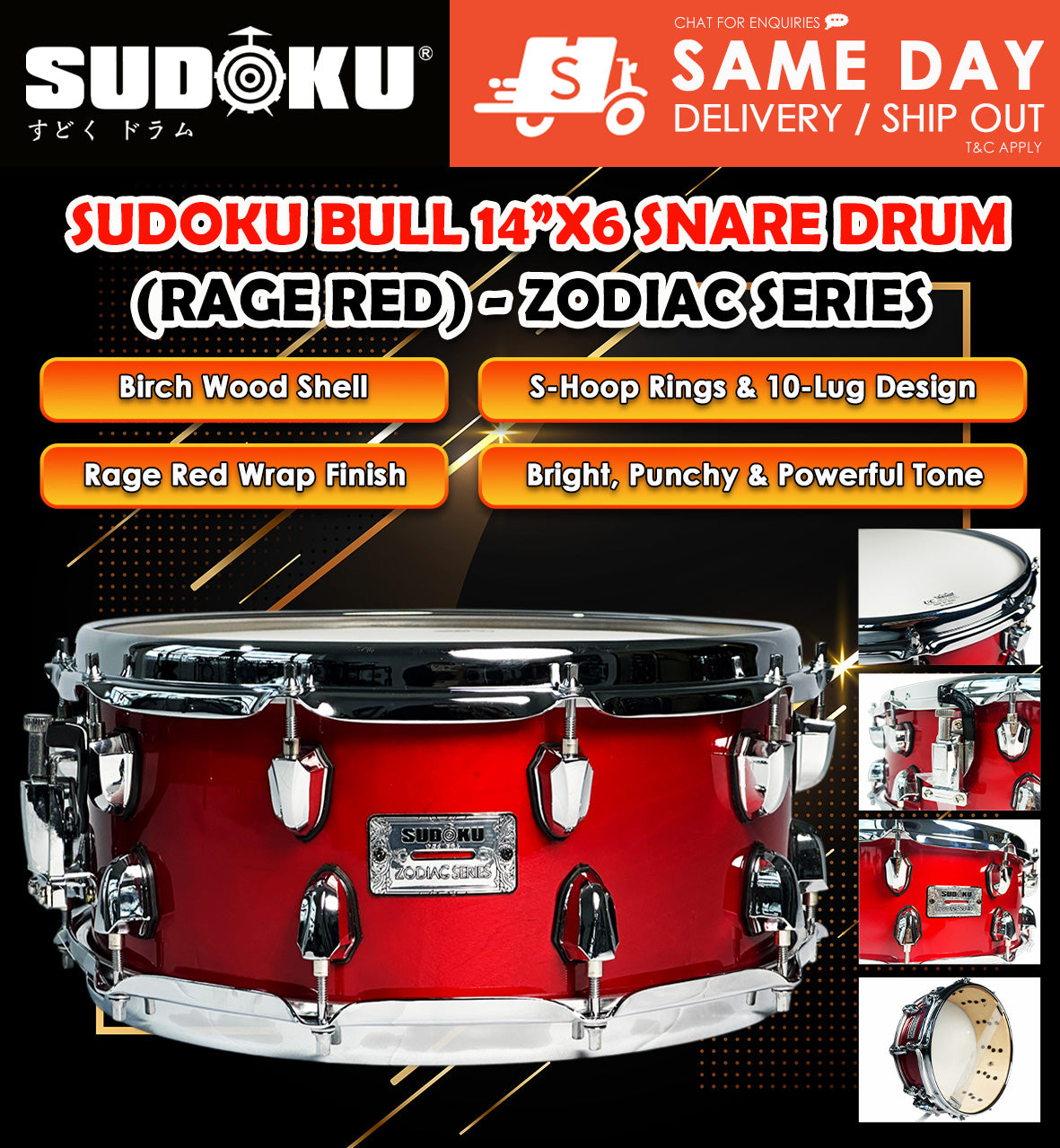 Sudoku Bull 12”x6 / 14”x6 Snare Drum (Sapphire Green / Rage Red)- Zodiac Series with Thick S Hoops / 10 lug