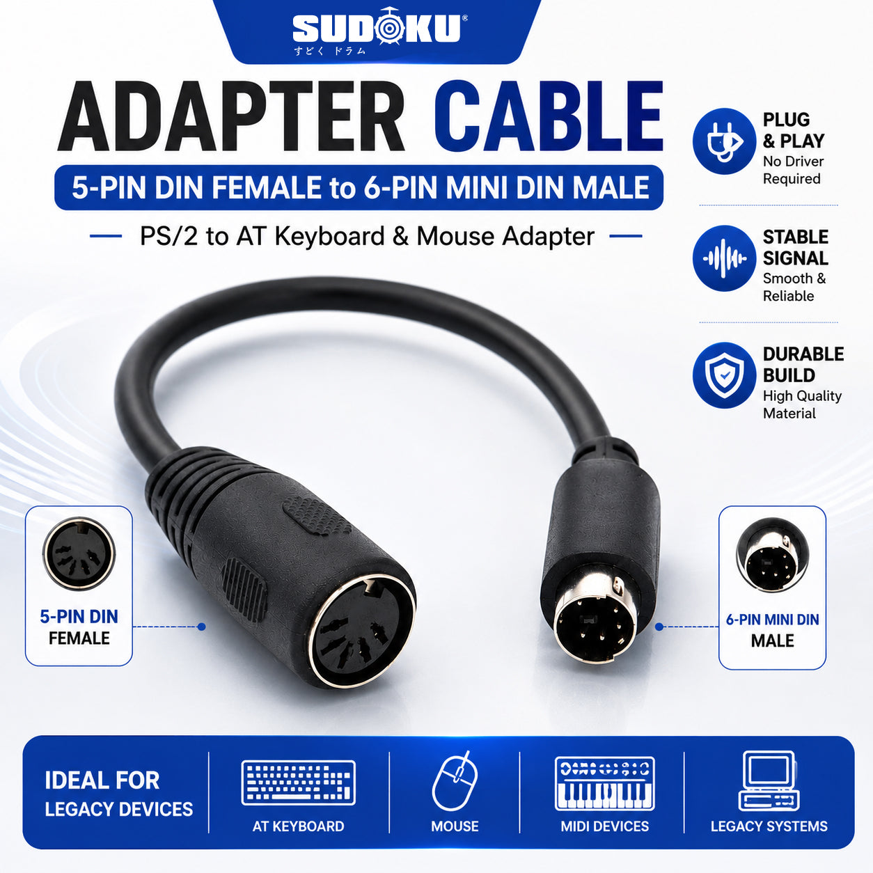 Sudoku 5pin female to 6pin male cable PS/2 to AT Keyboard mouse Cable Adapter - 6 Pin Mini Din Male to 5 Pin MIDI Female Keyboard Adaptor