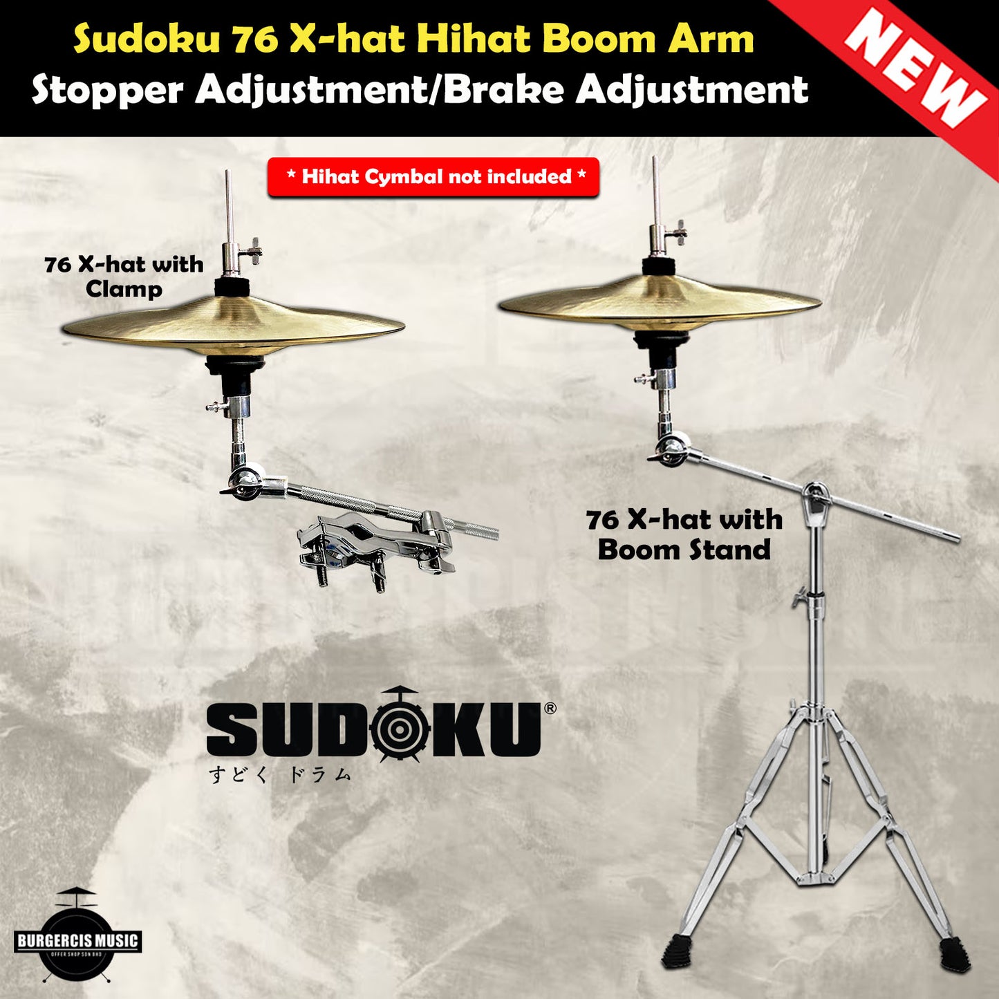 Sudoku cymbal x-hat auxiliary hihat arm with clamp stand (drum hardware)