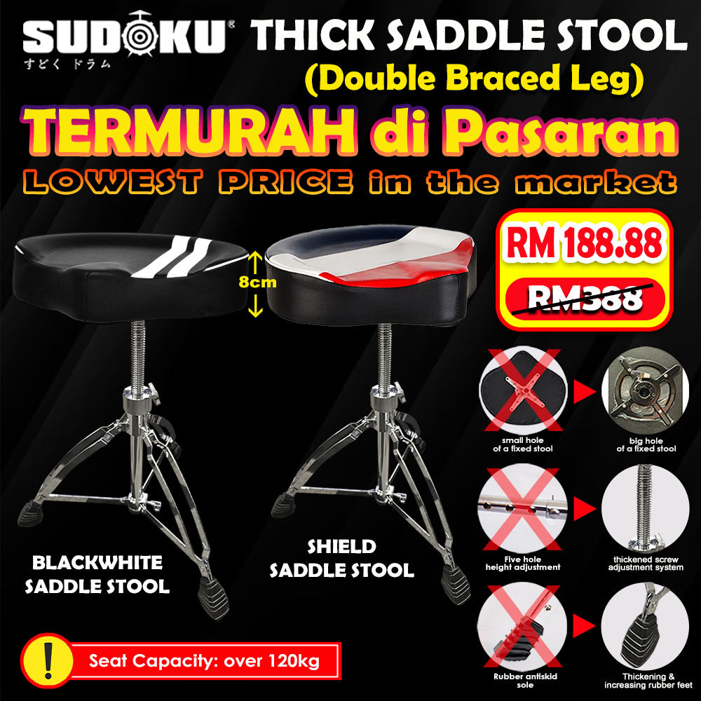Sudoku Saddle Drum Stool Drum throne Drum Chair thick Cushion Heavy Duty double braced leg