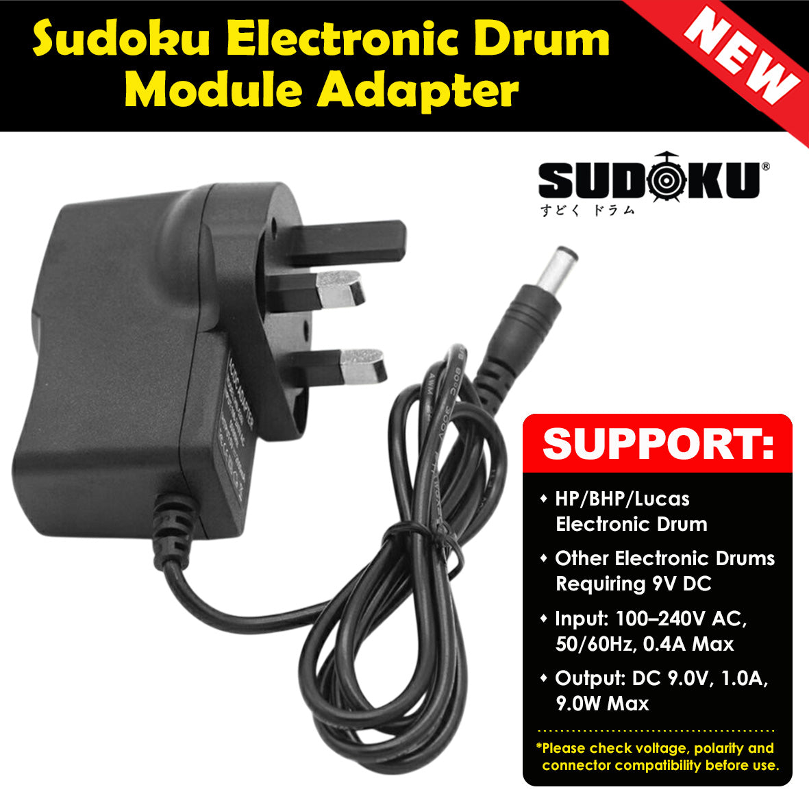 Sudoku HP / BHP / Lucas Electronic Drum Module Power Adapter 9V 1A