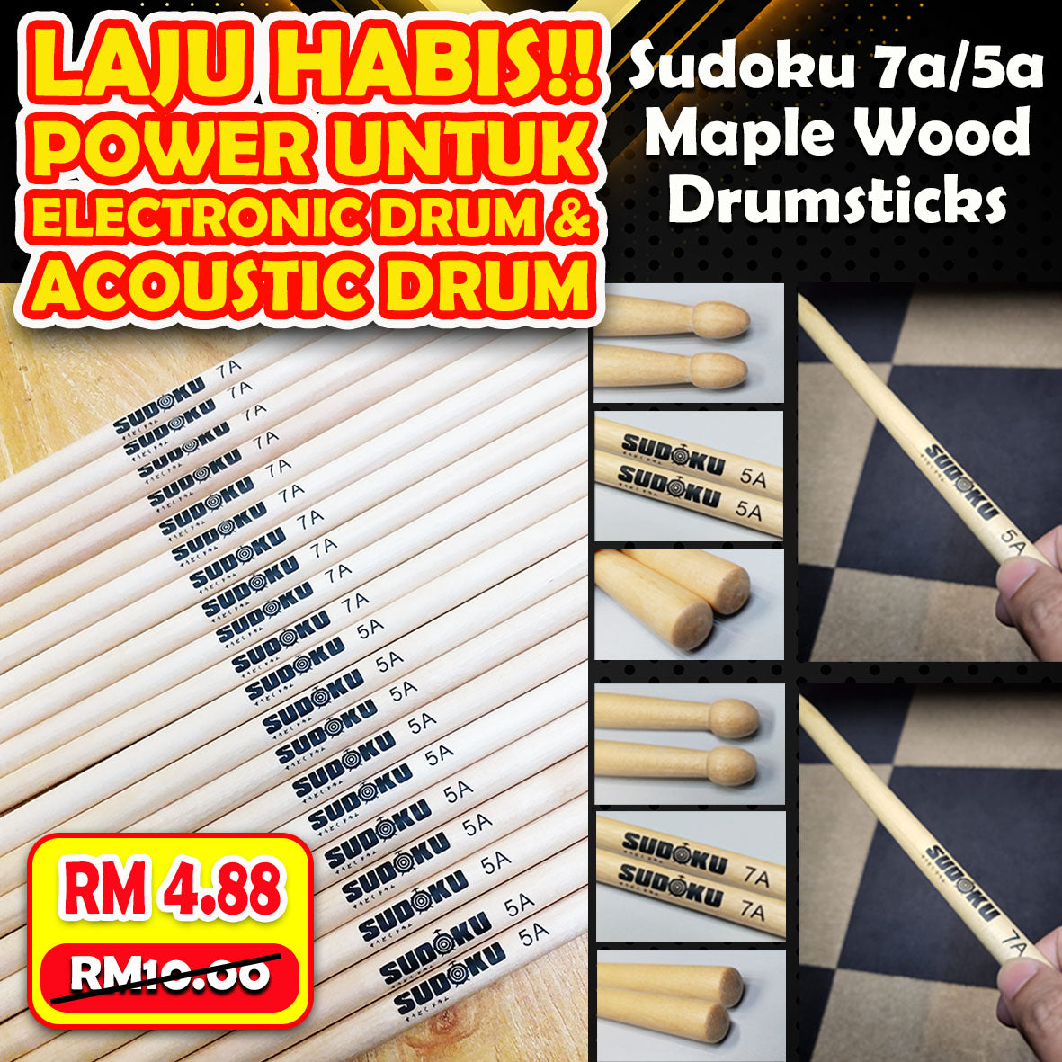 Sudoku 7a 5a Maple Wood Super Light Solid Drum Stick