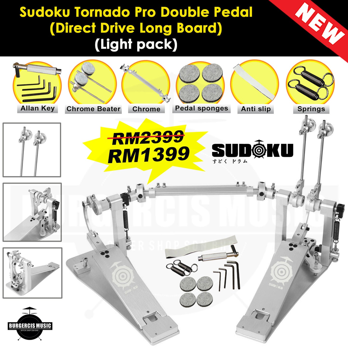 Sudoku Tornado Double Pedal Twin Pedal Drum pedal (Direct Drive LongBoard) for Electronic Drum & Acoustic Drum