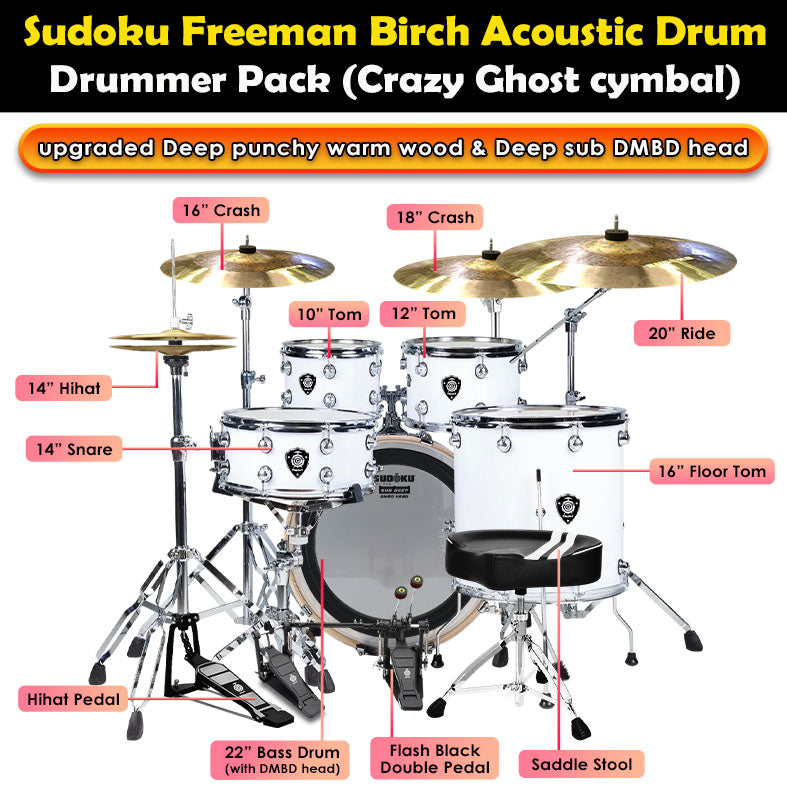 (Crazy Ghost) Sudoku Freeman Birch Acoustic Drum Set Adult Drum (professional Quality 100% birch wood)